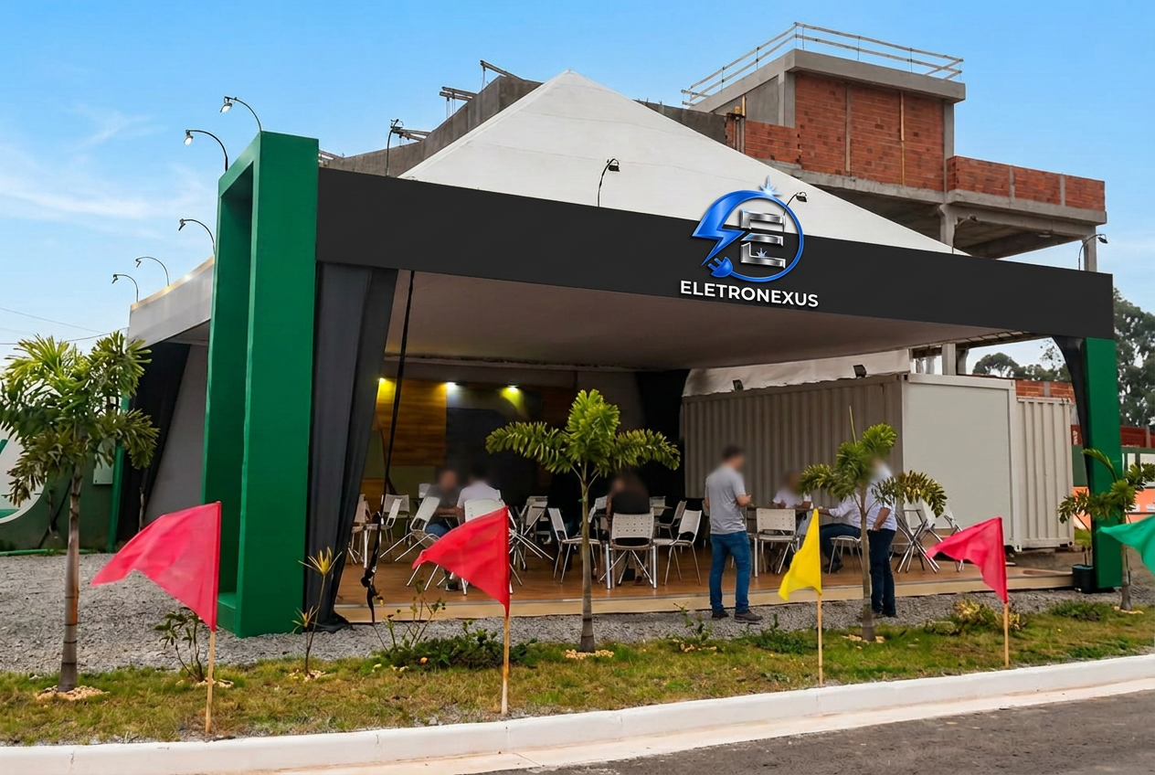 Stand montado pela ELETRONEXUS com estrutura iluminada em evento