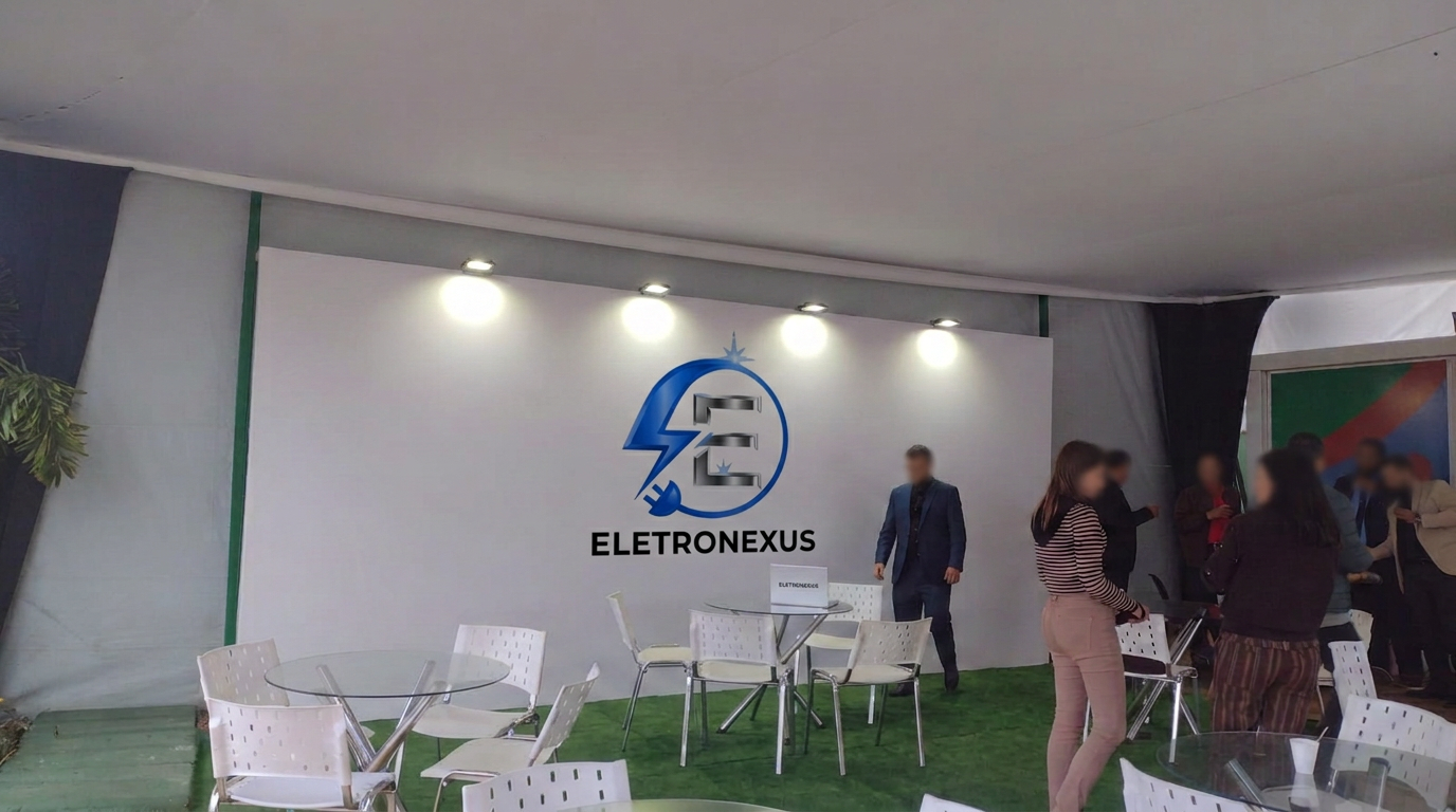 Área interna de stand com iluminação em painéis