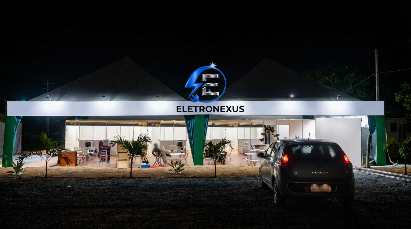 Stand iluminado à noite com instalação elétrica da ELETRONEXUS