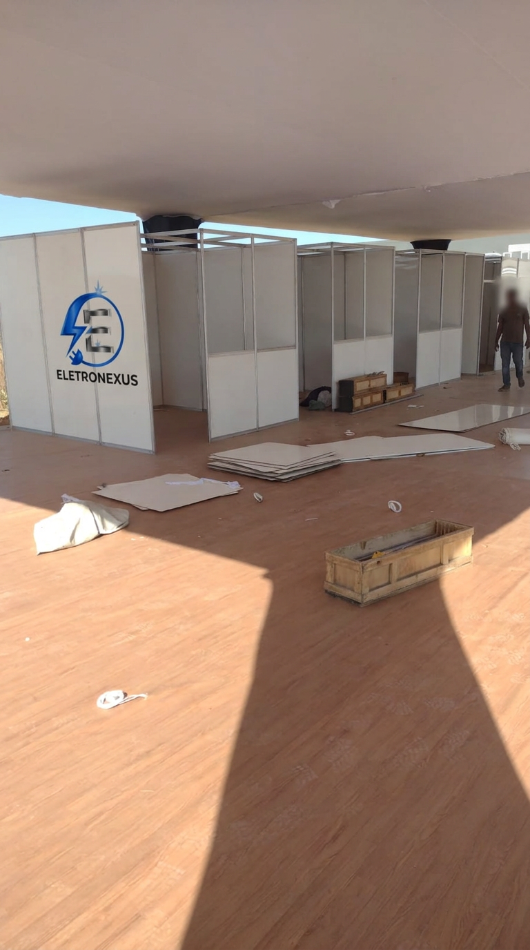 Montagem de stands modulares em pavilhão de feira