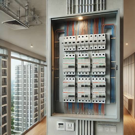 Quadro de distribuição elétrica com disjuntores e cabeamento organizado